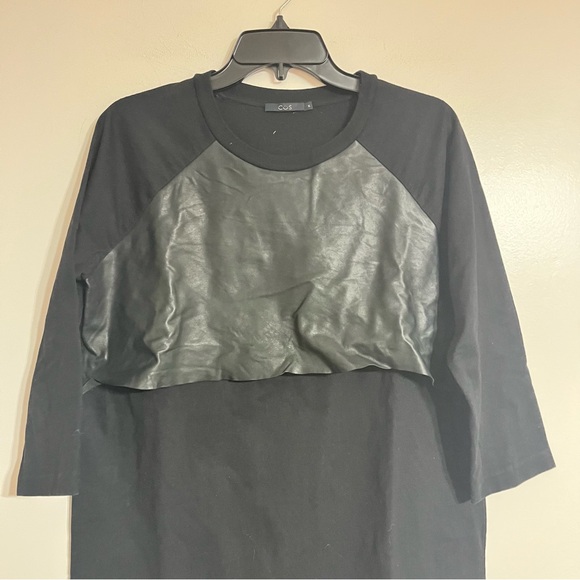 Women’s Cos Black 3/4 Sleeve Knee Length Dress Front Leather Panel Size Medium - Picture 2 of 7